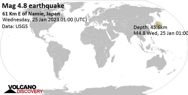 4.8 quake North Pacific Ocean, 93 km northeast of Iwaki, Fukushima, Japan, Jan 25, 2023 10:00 am (GMT +9)