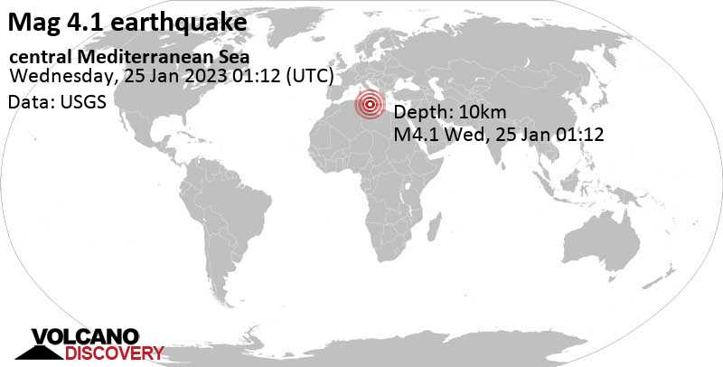 Moderate mag. 4.1 earthquake - Eastern Mediterranean, 126 km south of Birkirkara, Malta, on Wednesday, Jan 25, 2023 at 2:12 am (GMT +1)