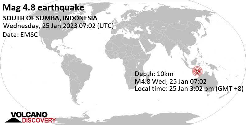 4.8 quake Indian Ocean, 212 km southwest of Waingapu, East Nusa Tenggara, Indonesia, Jan 25, 2023 3:02 pm (GMT +8)