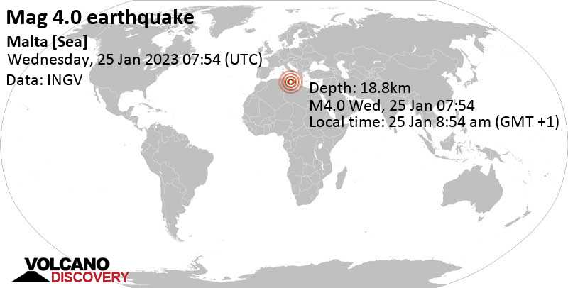 4.0 quake Eastern Mediterranean, 117 km south of Birkirkara, Malta, Jan 25, 2023 8:54 am (GMT +1)