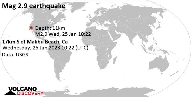 2.9 quake North Pacific Ocean, 15 mi southwest of Santa Monica, Los Angeles County, California, USA, Jan 25, 2023 2:22 am (GMT -8)