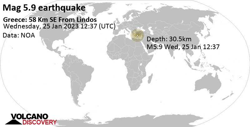 5.9 quake Eastern Mediterranean, 79 km southeast of Rhodos, Greece, Jan 25, 2023 2:37 pm (GMT +2)