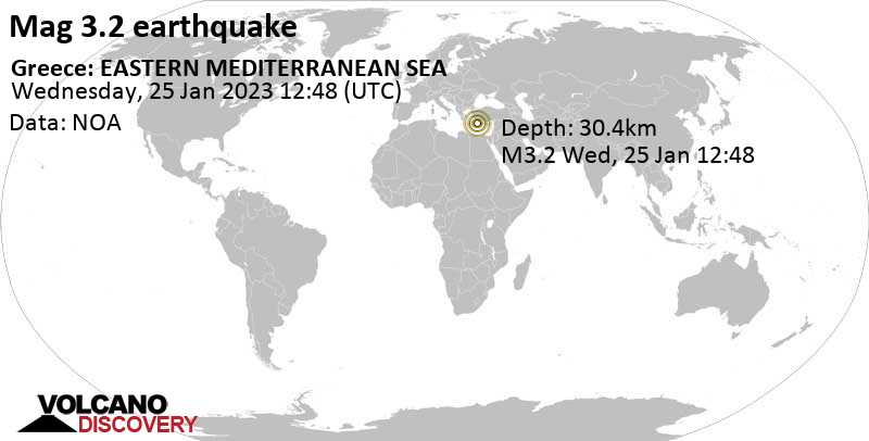 3.2 quake Eastern Mediterranean, 83 km southeast of Rhodos, Greece, Jan 25, 2023 2:48 pm (GMT +2)