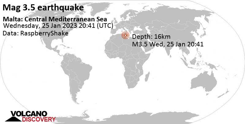 Light mag. 3.5 earthquake - Eastern Mediterranean, 120 km south of Birkirkara, Malta, on Wednesday, Jan 25, 2023 at 9:41 pm (GMT +1)