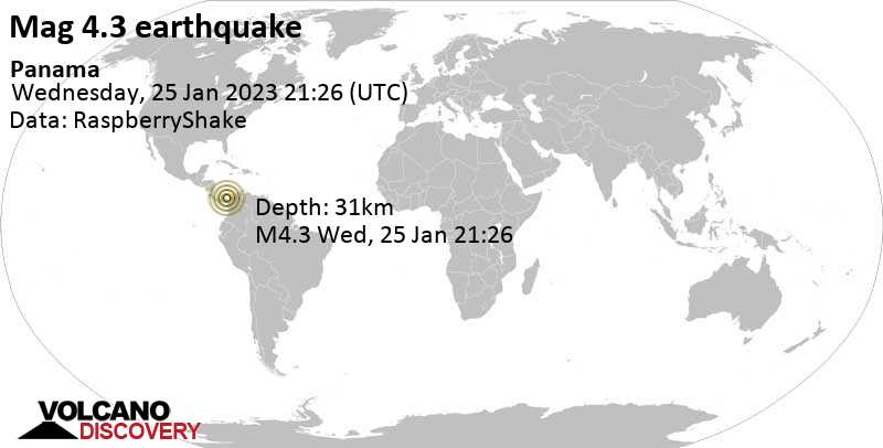 Light mag. 4.3 earthquake - Caribbean Sea, 16 km east of San Ignacio de Tupile, Guna Yala, Panama, on Wednesday, Jan 25, 2023 at 4:26 pm (GMT -5)