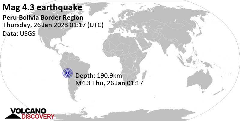 Light mag. 4.3 earthquake - 96 km southwest of Yunguyo, Puno, Peru, on Wednesday, Jan 25, 2023 at 8:17 pm (GMT -5)