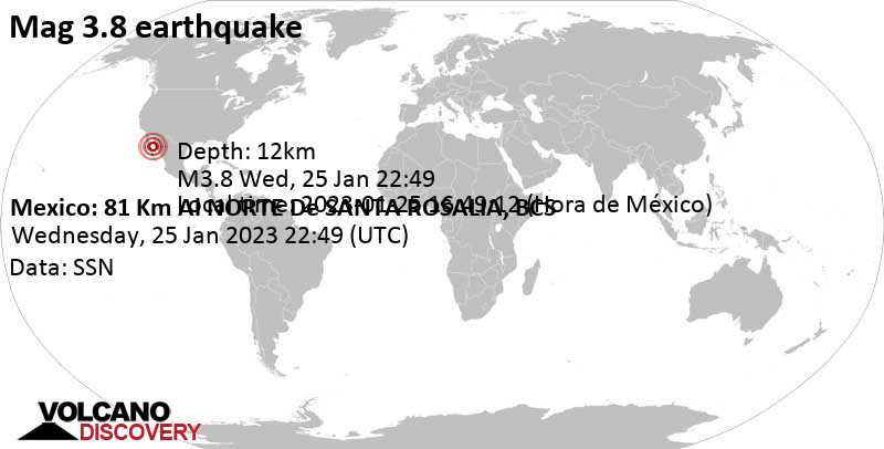Light mag. 3.8 earthquake - 81 km north of Santa Rosalia, Mulegé, Baja California Sur, Mexico, on Wednesday, Jan 25, 2023 at 3:49 pm (GMT -7)