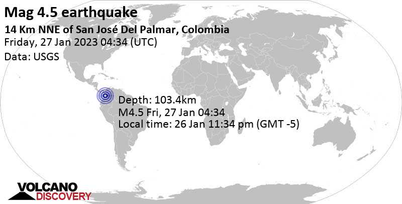 Sismo leggero mag. 4.5 - Departamento del Choco, 44 km a nord ovest da Cartago, Colombia, giovedì, 26 gen 2023 23:34 (GMT -5)