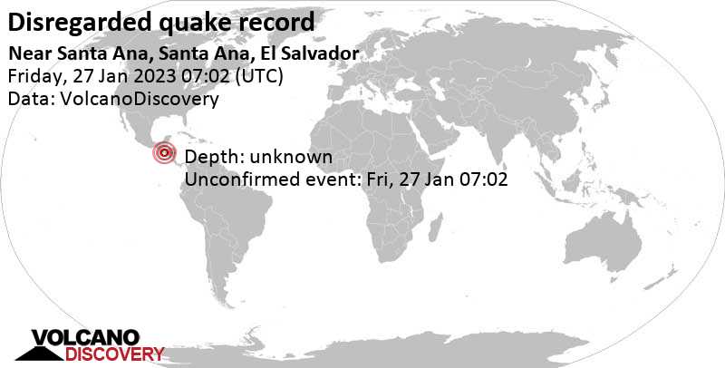 Unbestätigtes Erdbeben oder erdbebenähnliches Ereignis: 34 km südöstlich von Santa Ana, El Salvador, am Freitag, 27. Jan 2023 um 01:02 Lokalzeit