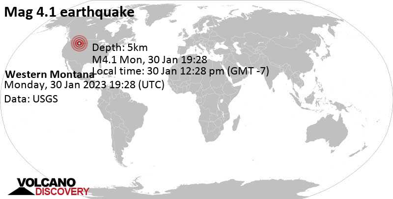 Earthquake information: moderate mag.  4.1 earthquake – 35 miles east of Bozeman, Gallatin County, Montana, USA, on Monday, Jan 30, 2023 12:28 PM (GMT -7)