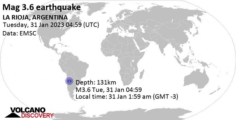 Minor mag. 3.6 earthquake - La Rioja, 32 km south of Tinogasta, Catamarca, Argentina, on Tuesday, Jan 31, 2023 at 1:59 am (GMT -3)