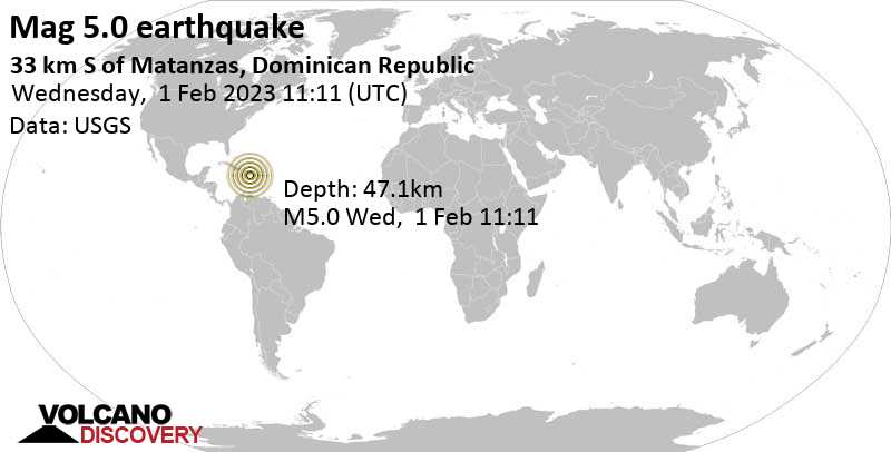 Moderates Erdbeben der Stärke 5.0 - Caribbean Sea, 36 km südlich von Bani, Dominikanische Republik, am Mittwoch,  1. Feb 2023 um 07:11 Lokalzeit