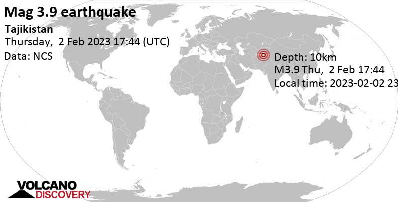 Μέτριος σεισμός μεγέθους 3.9 - Αφγανιστάν, 41 km ανατολικά από Ishqoshim, Τατζικιστάν, Πέμπτη,  2 Φεβ 2023 22:44 (GMT +5)