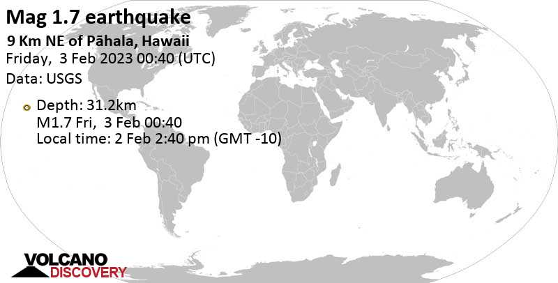 Minor mag. 1.7 earthquake - 9 Km NE of Pāhala, Hawaii, on Thursday, Feb 2, 2023 at 2:40 pm (GMT -10)