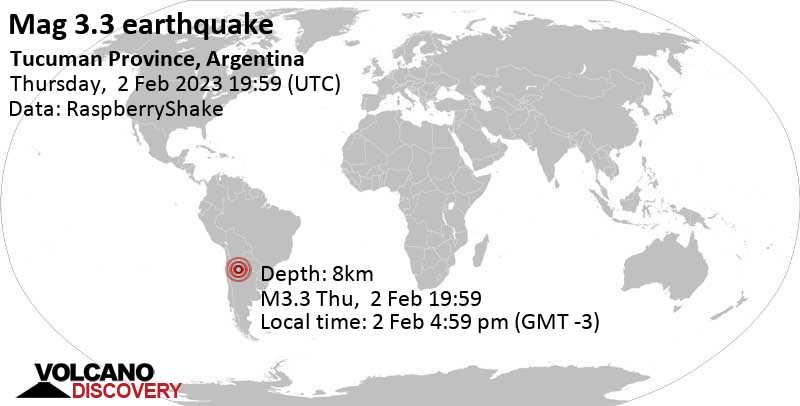 Leichtes Erdbeben der Stärke 3.3 - 56 km nördlich von San Miguel de Tucumán, Departamento de Capital, Tucuman, Argentinien, am Donnerstag,  2. Feb 2023 um 16:59 Lokalzeit