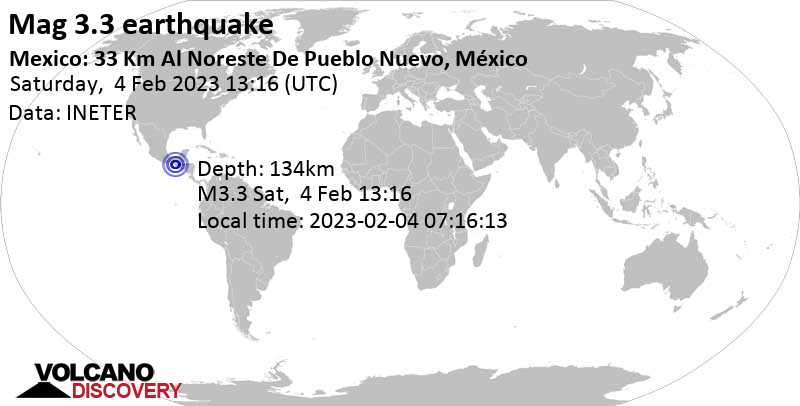 Minor mag. 3.3 earthquake - 8.2 km west of Motozintla, Chiapas, Mexico, on Saturday, Feb 4, 2023 at 7:16 am (GMT -6)