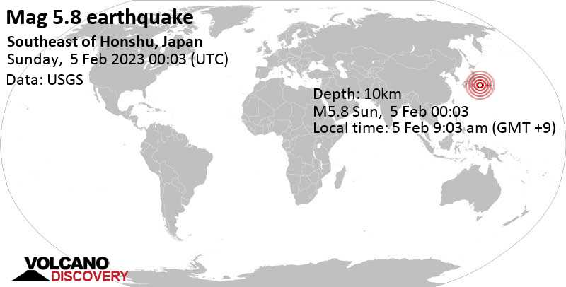 Stärke 5.8 - Nordpazifik, Japan, am Sonntag,  5. Feb 2023 um 09:03 Lokalzeit