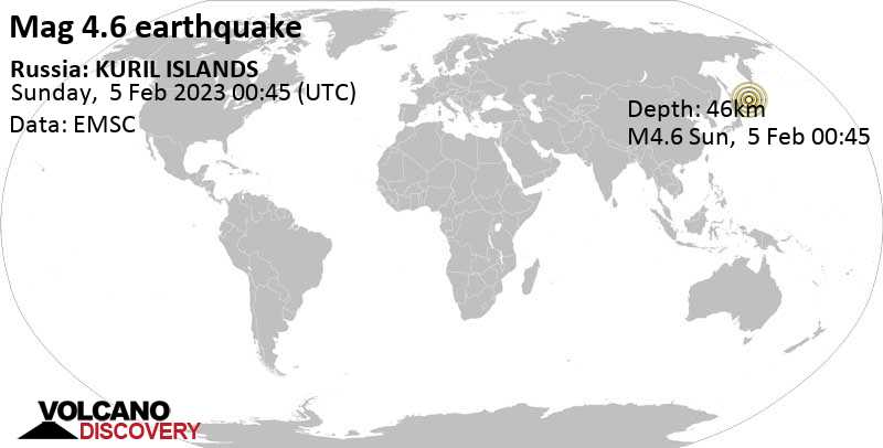 Stärke 4.6 - Nordpazifik, 126 km östlich von Kuril'sk, Sachalin, Russland, am Sonntag,  5. Feb 2023 um 10:45 Lokalzeit