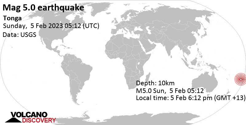 Stärke 5.0 - South Pacific Ocean, 150 km südöstlich von Nuku'alofa, Nuku'alofa, Tongatapu, am Sonntag,  5. Feb 2023 um 18:12 Lokalzeit