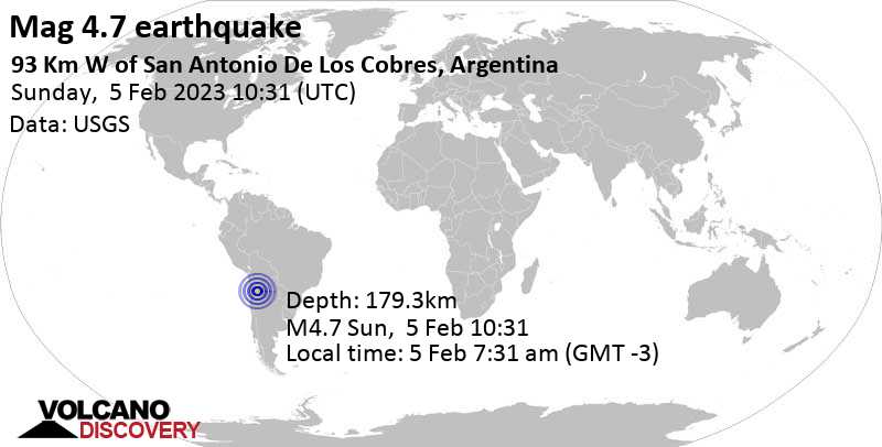 Stärke 4.7 - 94 km westlich von San Antonio de los Cobres, Departamento de Los Andes, Salta, Argentinien, am Sonntag,  5. Feb 2023 um 07:31 Lokalzeit