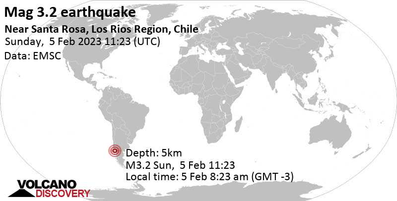 Stärke 3.2 - 75 km südöstlich von Valdivia, Los Rios Region, Chile, am Sonntag,  5. Feb 2023 um 08:23 Lokalzeit