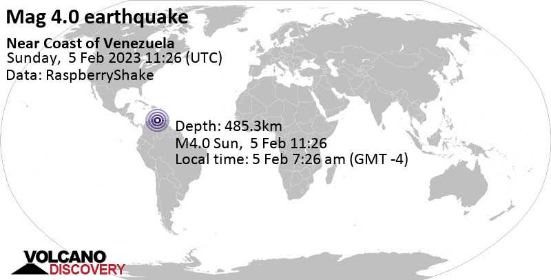 Quake Info: Light Mag. 4.0 Earthquake - Caribbean Sea, 84 km North of Puerto Cabello, Carabobo, Venezuela, on Sunday, Feb 5, 2023 at 7:26 am (GMT - 2 User Reports