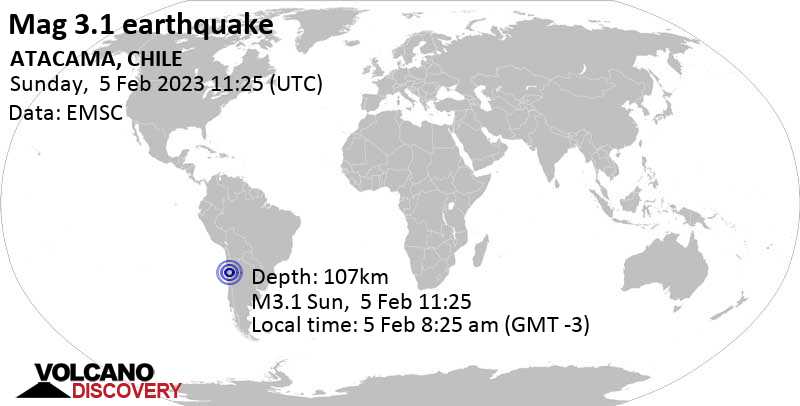 Sehr schwaches Beben Stärke 3.1 - 89 km östlich von Copiapó, Provincia de Copiapo, Atacama, Chile, am Sonntag,  5. Feb 2023 um 08:25 Lokalzeit