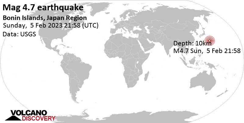 Stärke 4.7 - Nordpazifik, 128 km östlich von Futami, Tokyo, Japan, am Montag,  6. Feb 2023 um 06:58 Lokalzeit