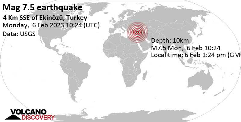 Major magnitude 7.5 earthquake - 20 km south of Elbistan, Kahramanmaraş, Turkey, on Monday, Feb 6, 2023 at 12:24 pm (GMT +2)