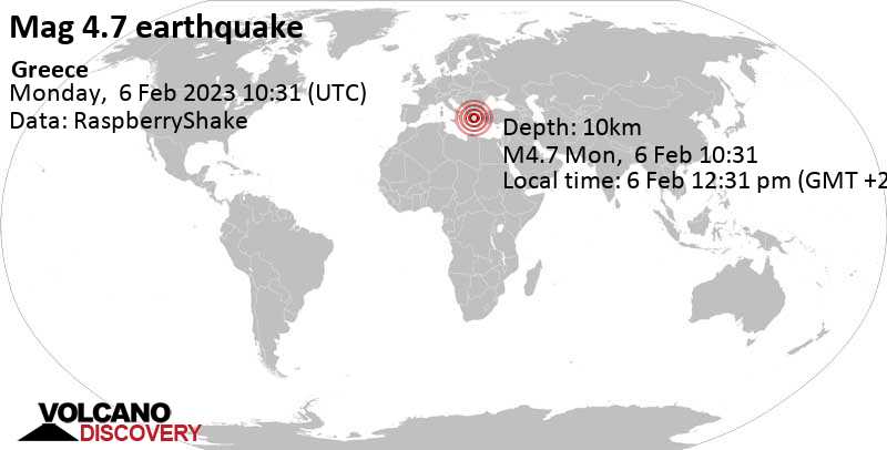 Moderate mag. 4.7 earthquake - 10.1 km west of Thebes, Nomos Voiotias, Central Greece, on Monday, Feb 6, 2023 at 12:31 pm (GMT +2)