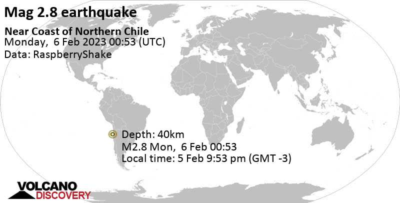 Minor mag. 2.8 earthquake - South Pacific Ocean, 100 km northwest of Diego de Almagro, Provincia de Chañaral, Atacama, Chile, on Sunday, Feb 5, 2023 at 9:53 pm (GMT -3)