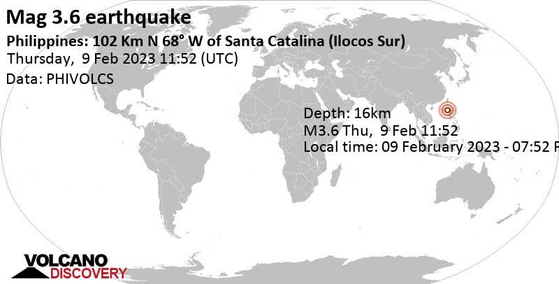Sismo leggero mag. 3.6 - South China Sea, 123 km a ovest da Laoag, Province of Ilocos Norte, Filippine, giovedì,  9 feb 2023 19:52 (GMT +8)