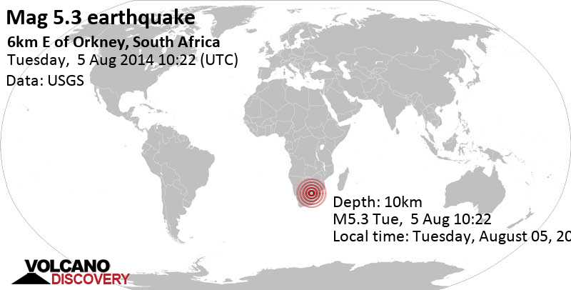Tremblement de terre fort magnitude 5.3 - 6.8 km à l\'est de Orkney, Afrique du Sud, Tuesday, August 05, 2014 12:22:34
