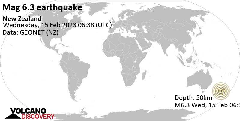 Strong mag. 6.3 earthquake - Tasman Sea, 81 km north of Wellington, New Zealand, on Wednesday, Feb 15, 2023 at 7:38 pm (GMT +13)