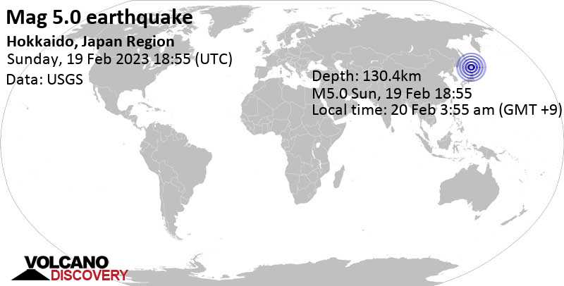 Moderates Erdbeben der Stärke 5.0 - Hokkaido, Japan Region, am Montag, 20. Feb 2023 um 03:55 Lokalzeit