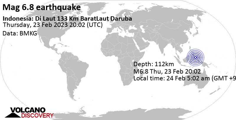 Strong mag. 6.8 earthquake - Molucca Sea, 275 km north of Ternate, North Maluku, Indonesia, on Friday, Feb 24, 2023 at 5:02 am (GMT +9)