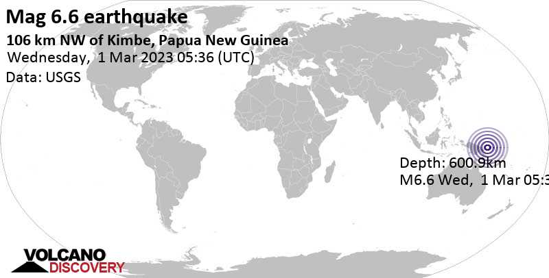 Stärke 6.5 - Bismarck Sea, 109 km nordwestlich von Kimbe, Papua-Neuguinea, am Mittwoch,  1. Mär 2023 um 15:36 Lokalzeit