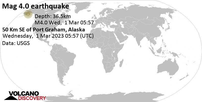 Stärke 4.0 - 70 km südlich von Homer, Kenai Peninsula, Alaska, USA, am Dienstag, 28. Feb 2023 um 20:57 Lokalzeit