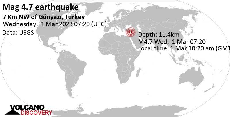 Stärke 4.7 - 12 km nordwestlich von Antakya, Hatay, Türkei, am Mittwoch,  1. Mär 2023 um 10:20 Lokalzeit