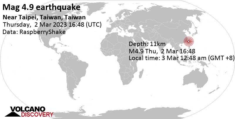 4.9 quake 27 km south of Yilan, Taiwan, Mar 3, 2023 12:48 am (GMT +8)