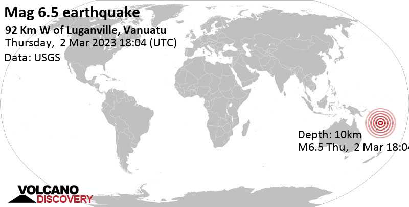 6.5 quake Coral Sea, 86 km west of Santo, Luganville, Sanma Province, Vanuatu, Mar 3, 2023 5:04 am (GMT +11)
