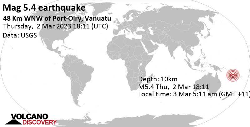 Stärke 5.4 - 88 km nordwestlich von Santo, Luganville, Sanma Province, Vanuatu, am Freitag,  3. Mär 2023 um 05:11 Lokalzeit