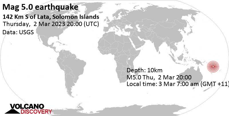 5.0 quake Coral Sea, Solomon Islands, Mar 3, 2023 7:00 am (GMT +11)