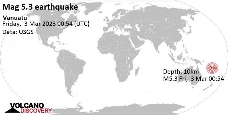 Stärke 5.3 - 63 km nordwestlich von Port-Olry, Sanma Province, Vanuatu, am Freitag,  3. Mär 2023 um 11:54 Lokalzeit