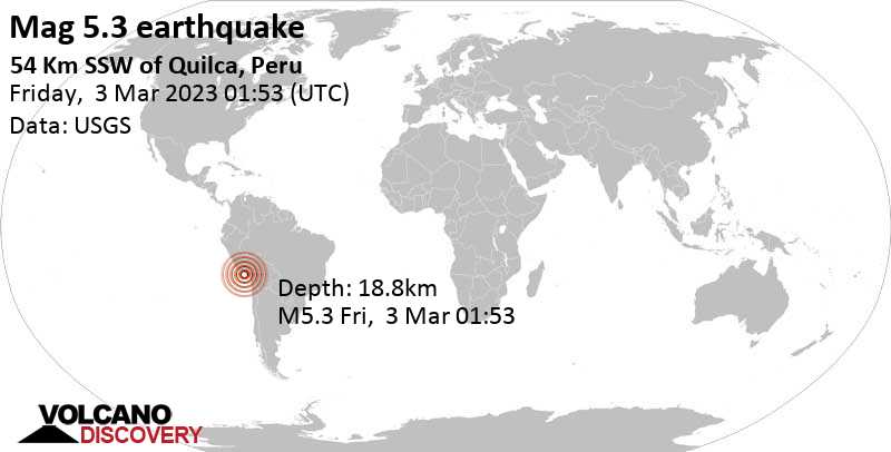 5.2 quake South Pacific Ocean, 68 km west of Mollendo, Provincia de Islay, Arequipa, Peru, Mar 2, 2023 8:53 pm (GMT -5)