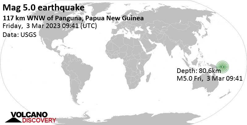 5.2 quake Solomon Sea, 125 km west of Arawa, Bougainville, Papua New Guinea, Mar 3, 2023 8:41 pm (GMT +11)