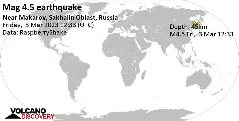 Stärke 4.5 - 9.9 km westlich von Makarov, Sachalin, Russland, am Freitag,  3. Mär 2023 um 23:33 Lokalzeit
