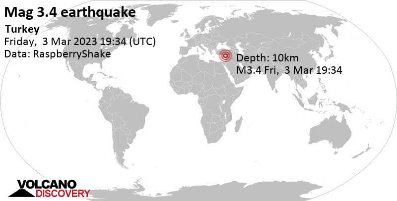 3.4 quake 23 km west of Antioch, Antakya İlçesi, Hatay, Turkey, Mar 3, 2023 10:34 pm (GMT +3)