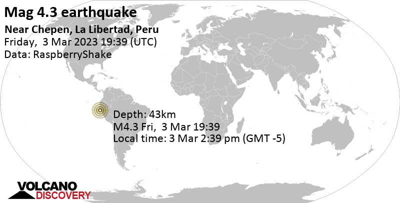 4.3 quake South Pacific Ocean, 45 km west of Chiclayo, Lambayeque, Peru, Mar 3, 2023 2:39 pm (GMT -5)