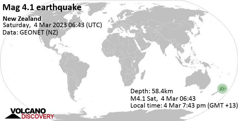 Stärke 4.1 - South Pacific Ocean, 83 km nordöstlich von Whakatane, Bay of Plenty, Neuseeland, am Samstag,  4. Mär 2023 um 19:43 Lokalzeit
